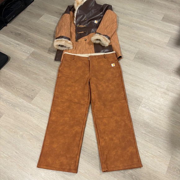 Carhartt Custom Faux Leather Fur Trim Coat and Pants Set Brown Tan XXL